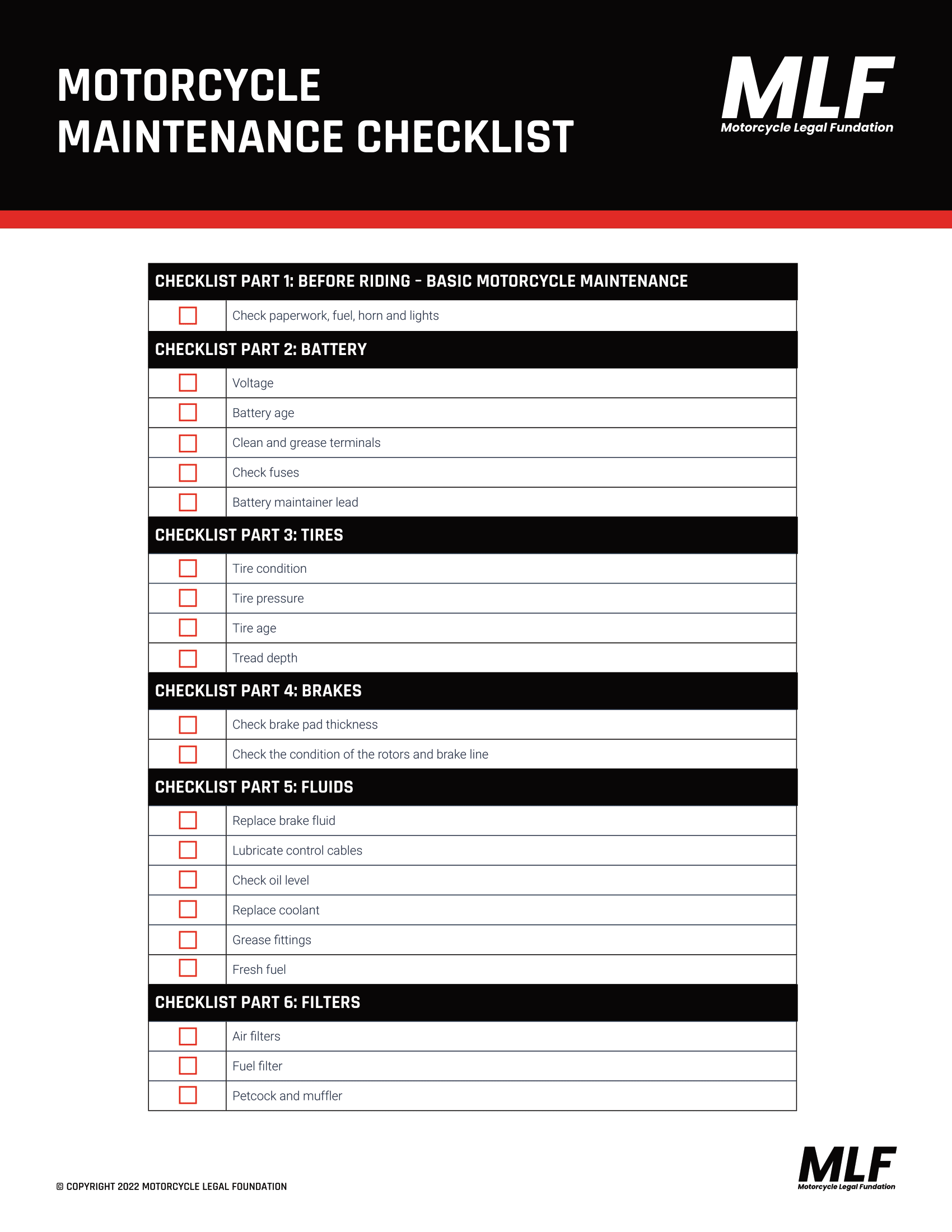 контрольный список обслуживания мотоцикла